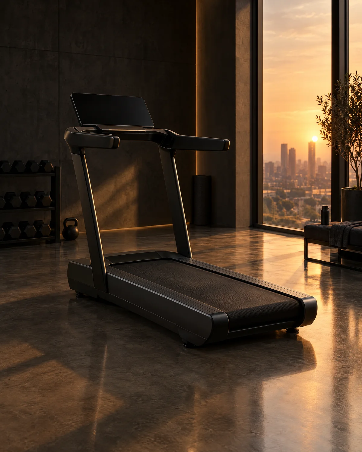 Premium commercial treadmill in a dark gym at golden hour (conceptual imagery)