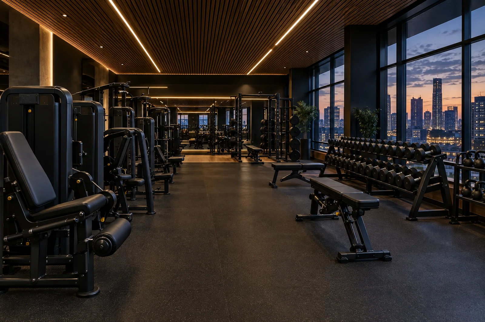 Boutique fitness club with strength machines, free weights and evening city view (conceptual imagery)