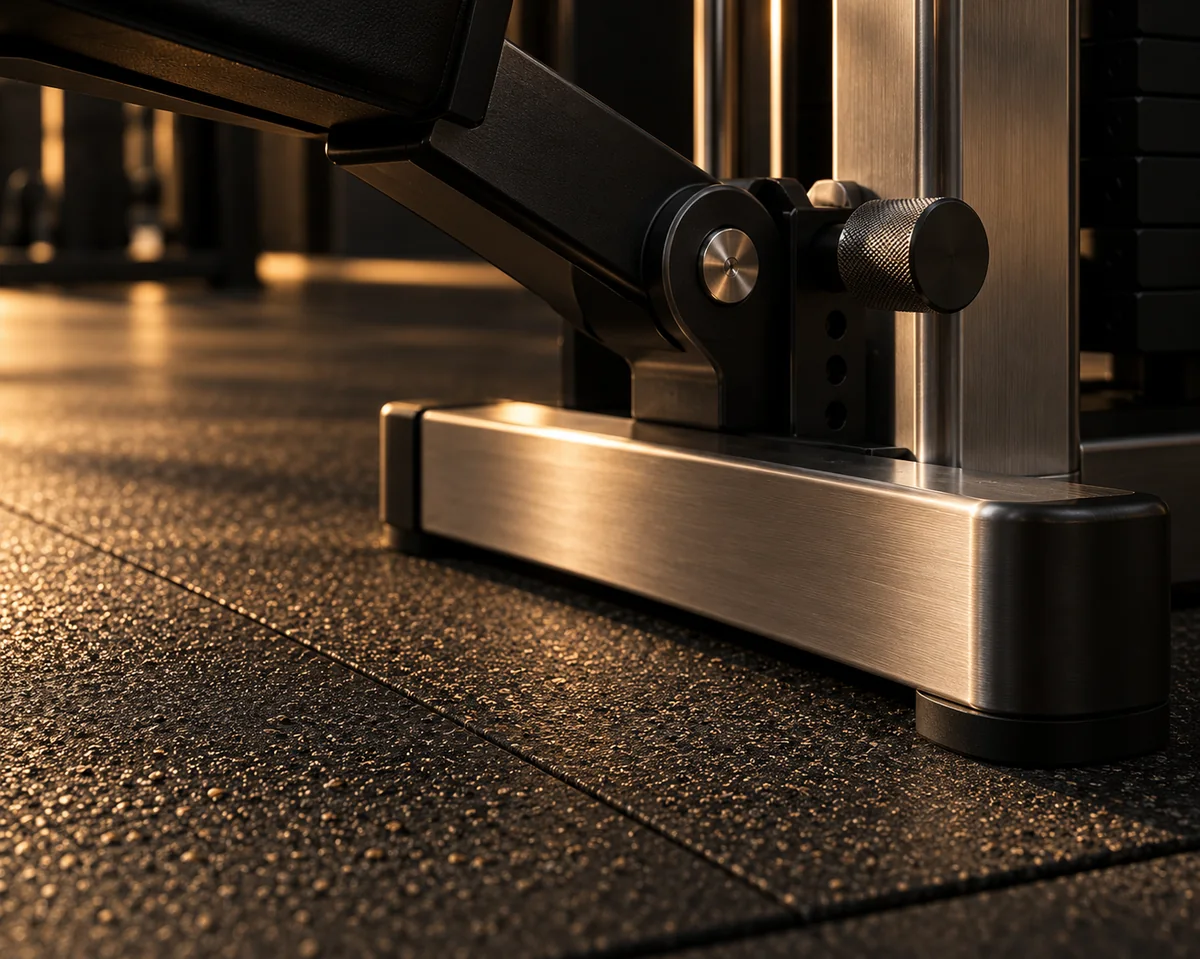 Brushed-steel machine base and knurled adjustment knob on black rubber gym flooring (conceptual imagery)