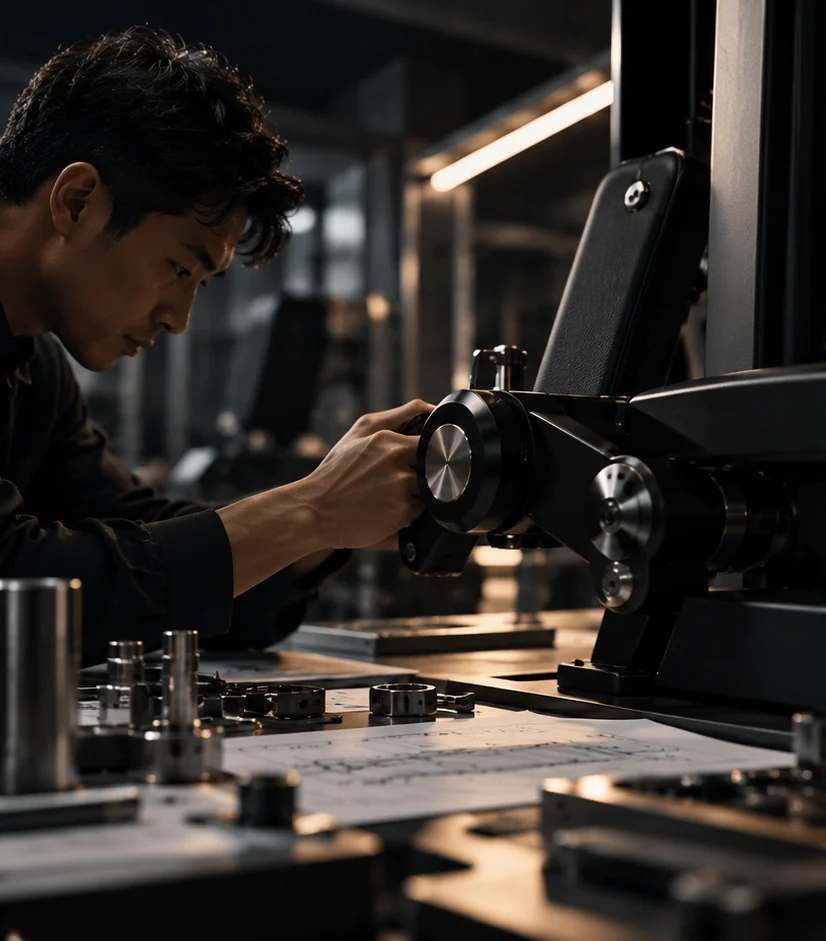 Close inspection of a machined component on a commercial fitness machine (conceptual imagery)