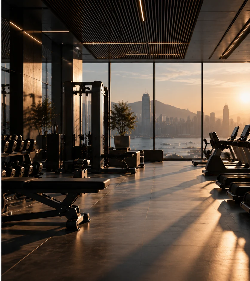 Premium commercial gym interior with floor-to-ceiling windows at sunset (conceptual imagery)