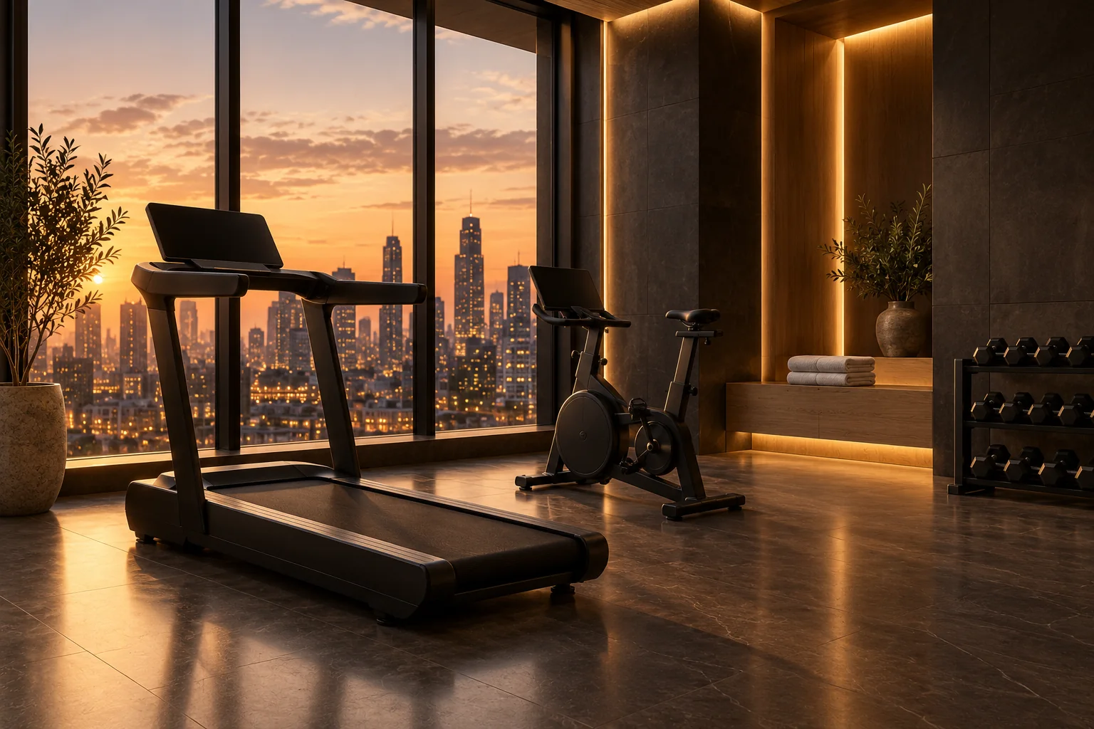 Hotel fitness room with treadmill and bike facing a city skyline at dusk (conceptual imagery)
