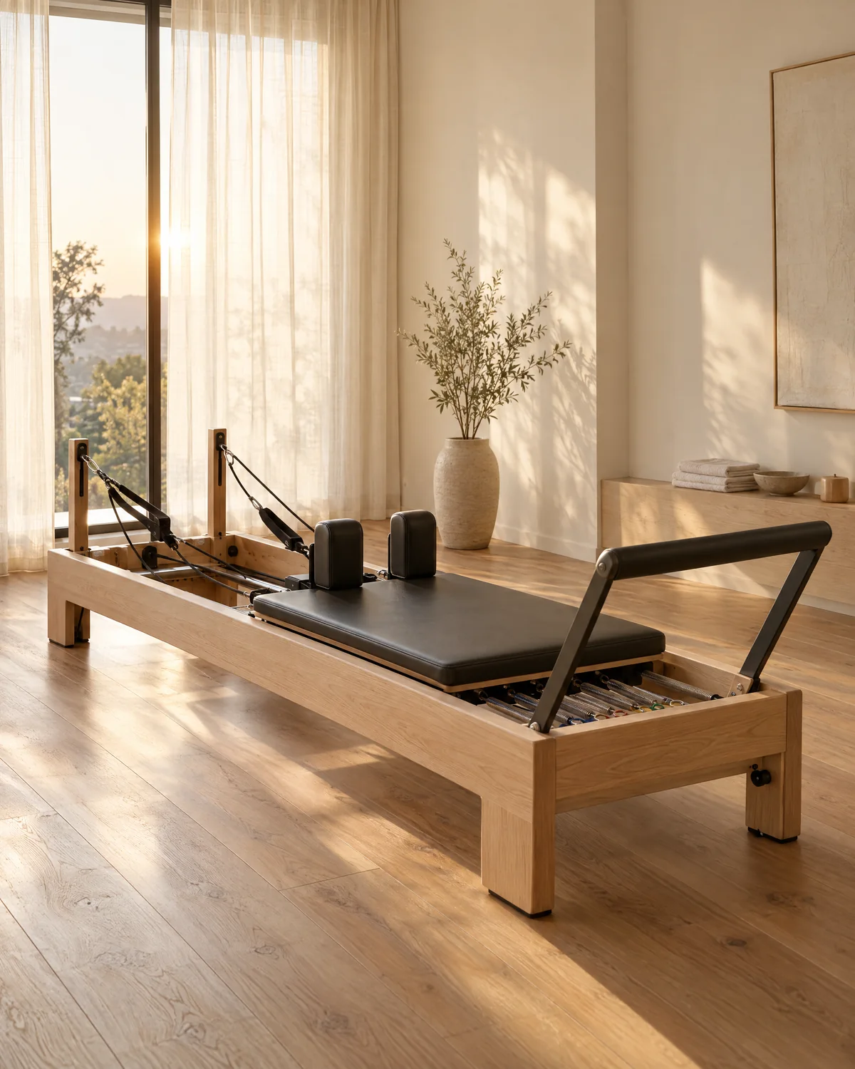 Oak-framed Pilates reformer in a bright studio (conceptual imagery)