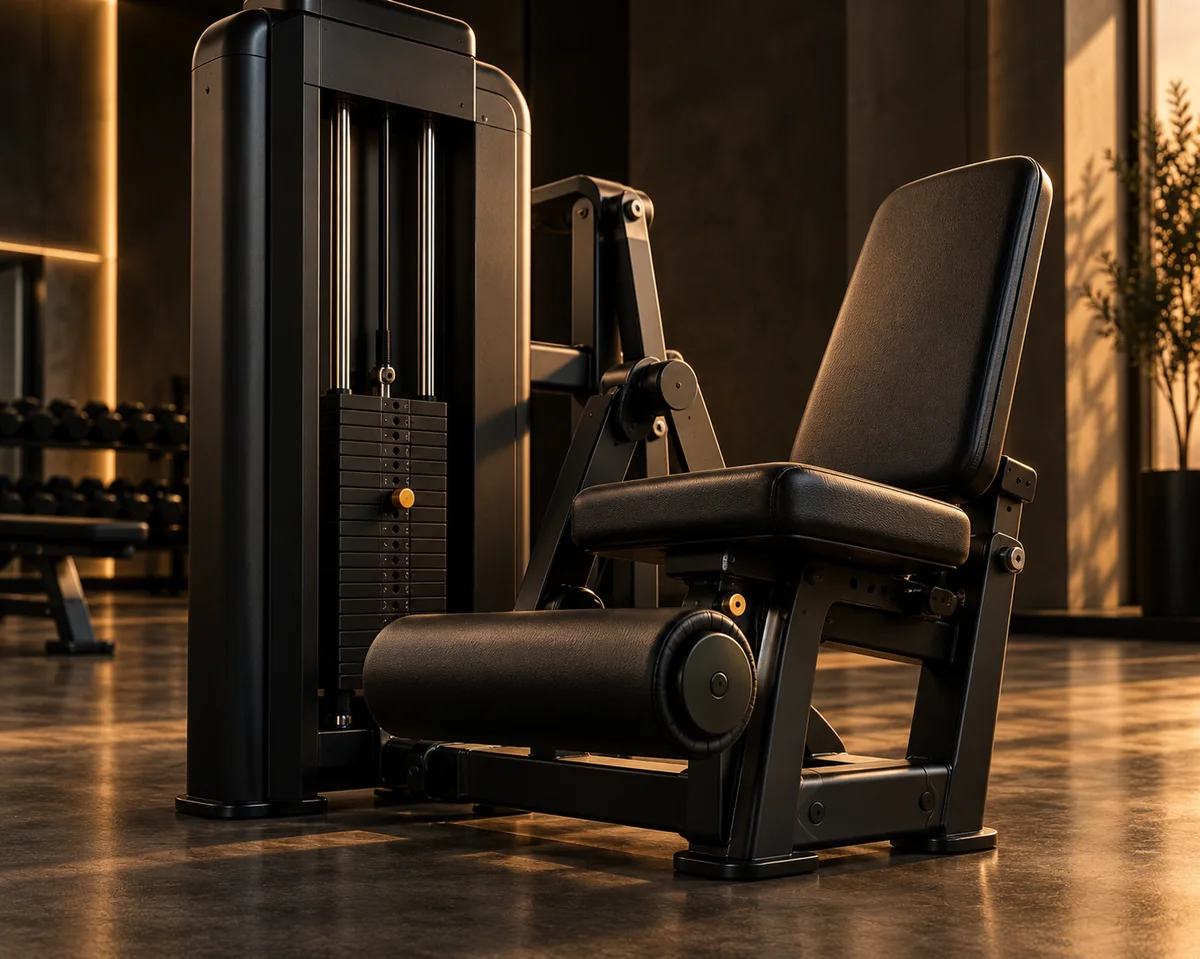 Matte-black selectorised strength machine with weight stack, close-up in warm light (conceptual imagery)