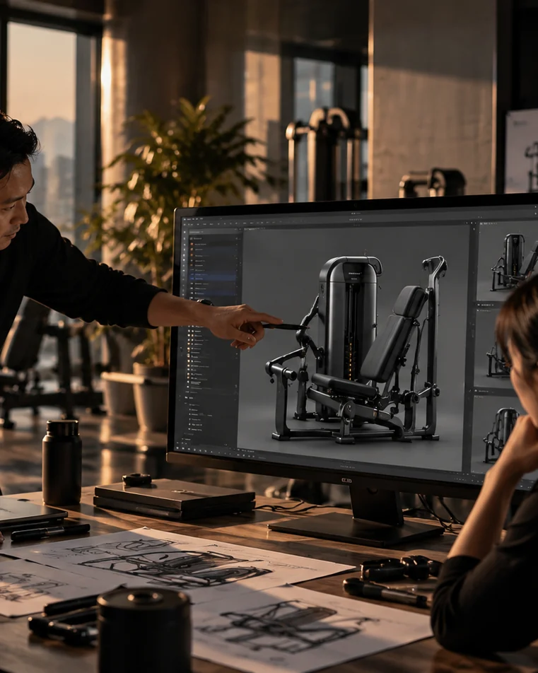 Commercial strength machine displayed on screen in a design studio at dusk (conceptual imagery)