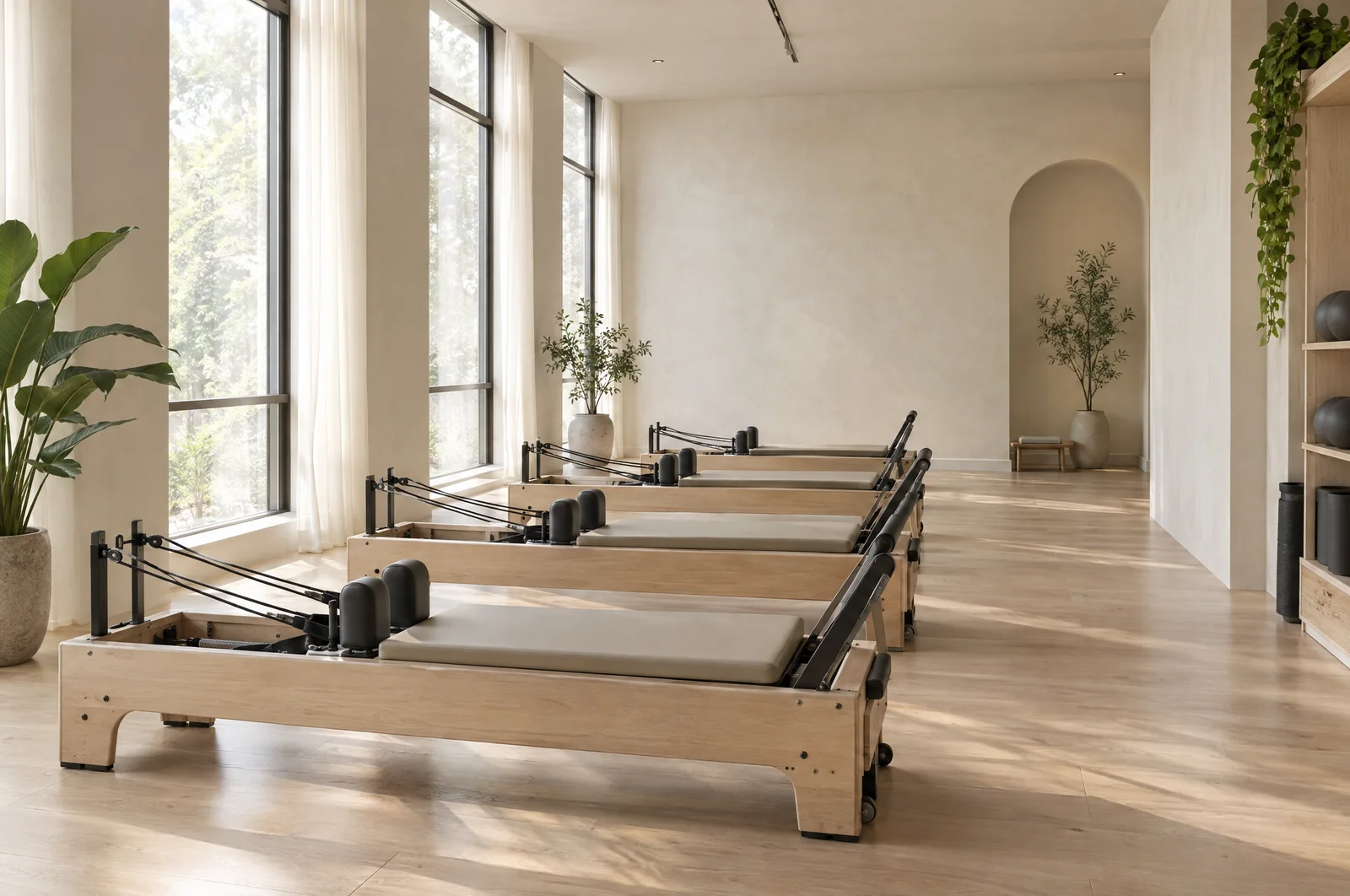 Row of reformers in a calm Pilates studio with morning light (conceptual imagery)