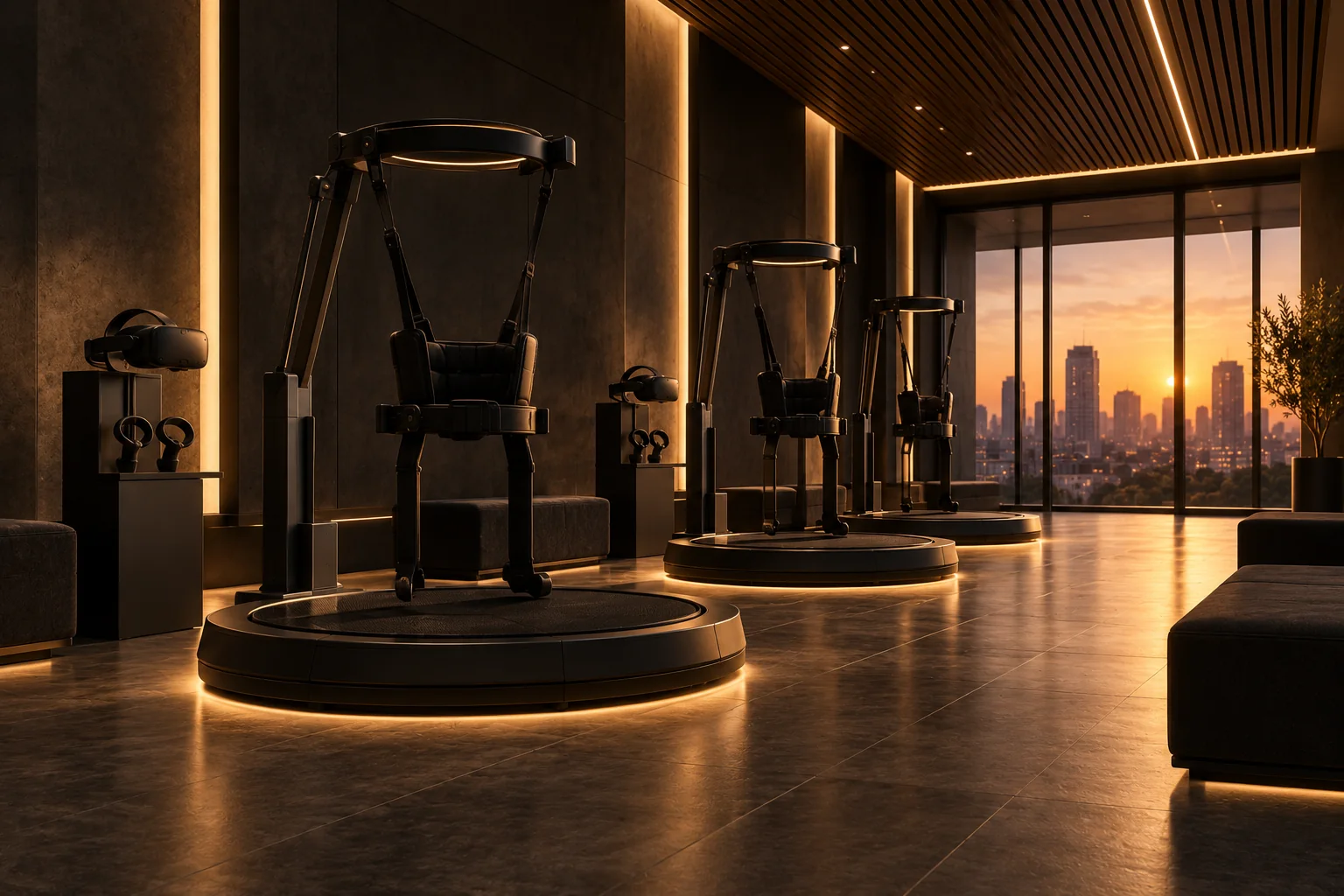 Entertainment venue with VR motion platforms in warm light (conceptual imagery)